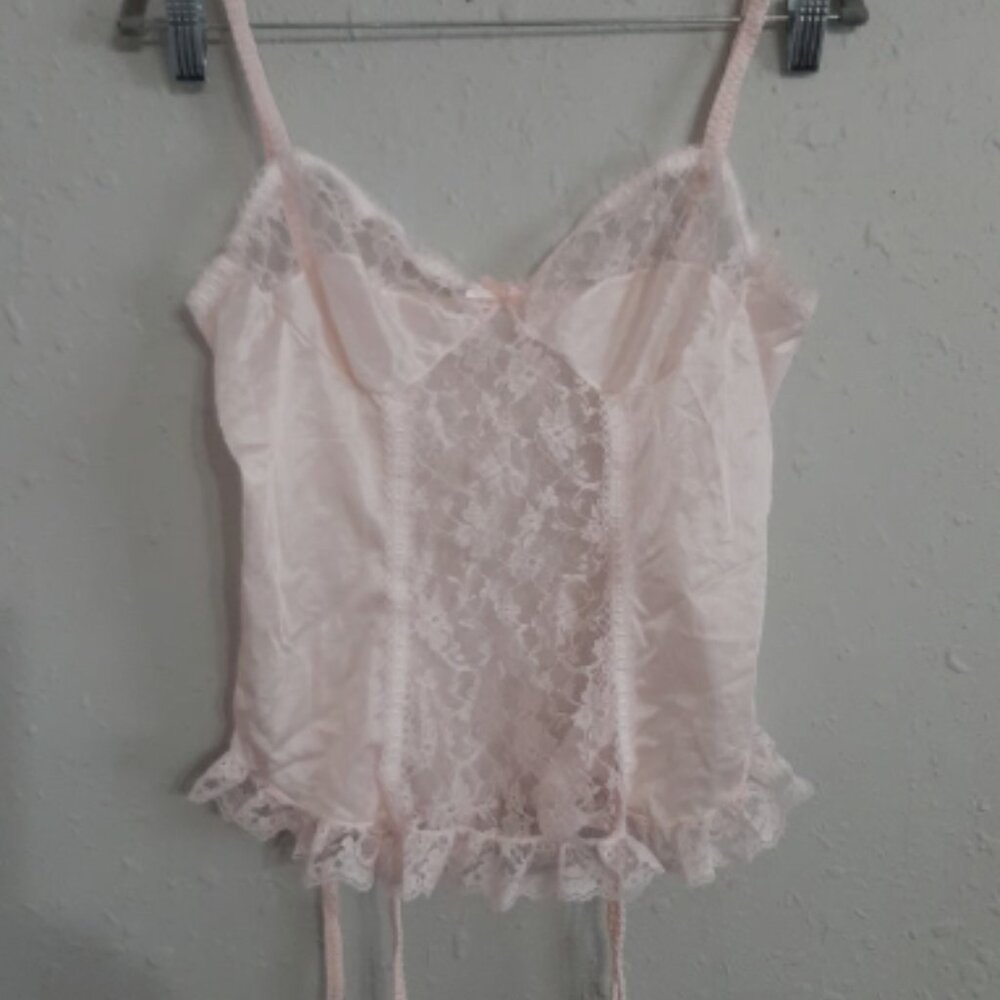 Vintage 80s coquette soft baby pink lace teddy lingerie teddy garter straps
